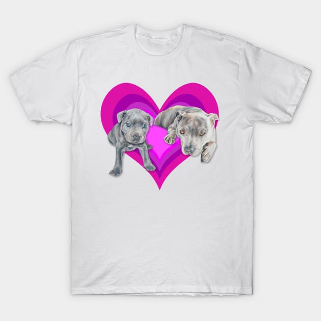 Gorgeous Staffy pups on an eyecatching rainbow heart! T-Shirt by StudioFluffle